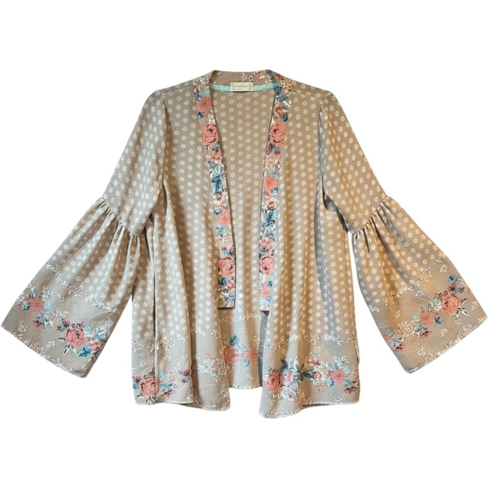 Altar'd State Floral Bell Sleeve Kimono Cardigan Taupe Pink Blue L‎ TWE1798-40P